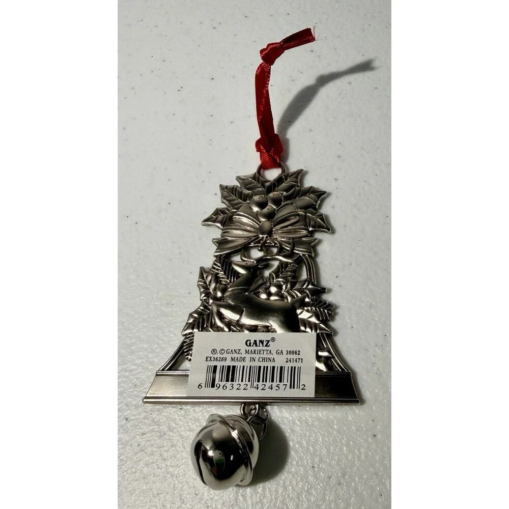 Ganz Christmas Ornament Bell Holly Reindeer Design “Merry Christmas”